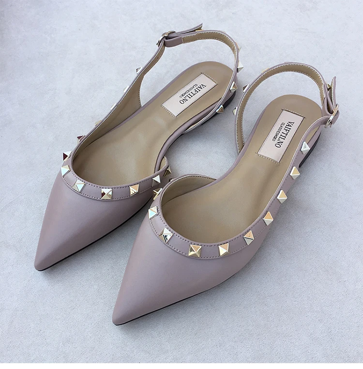 Summer Women Sandals luxury women's shoes 2026 New Leather Brand Rivets Shoes Pointed Toe Thin Flat Slippers Solid Casual Outdoo