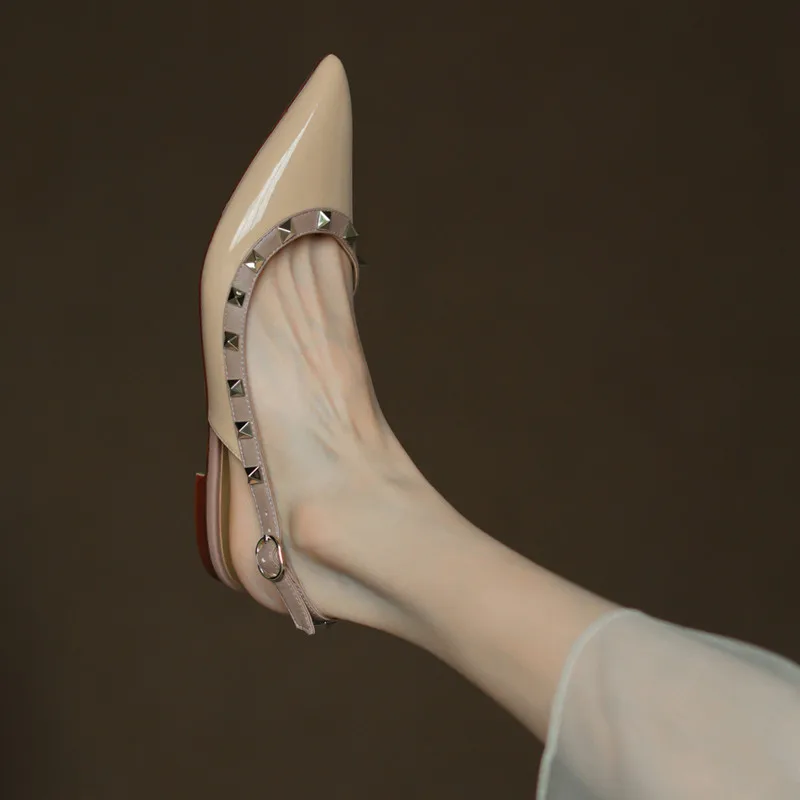 Summer Women Sandals luxury women's shoes 2026 New Leather Brand Rivets Shoes Pointed Toe Thin Flat Slippers Solid Casual Outdoo
