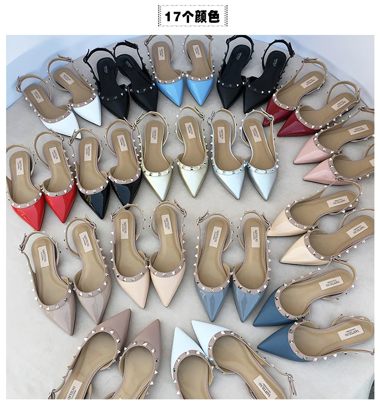 Summer Women Sandals luxury women's shoes 2026 New Leather Brand Rivets Shoes Pointed Toe Thin Flat Slippers Solid Casual Outdoo