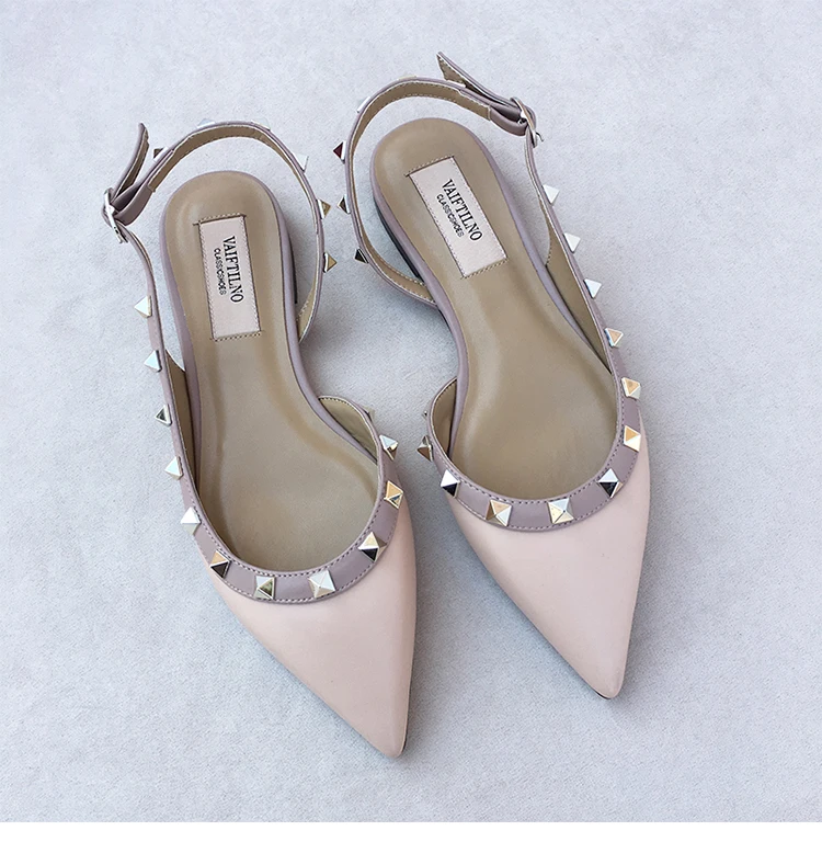 Summer Women Sandals luxury women's shoes 2026 New Leather Brand Rivets Shoes Pointed Toe Thin Flat Slippers Solid Casual Outdoo