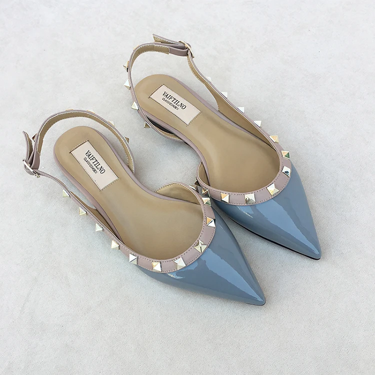 Summer Women Sandals luxury women's shoes 2026 New Leather Brand Rivets Shoes Pointed Toe Thin Flat Slippers Solid Casual Outdoo