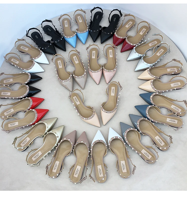 Summer Women Sandals luxury women's shoes 2026 New Leather Brand Rivets Shoes Pointed Toe Thin Flat Slippers Solid Casual Outdoo