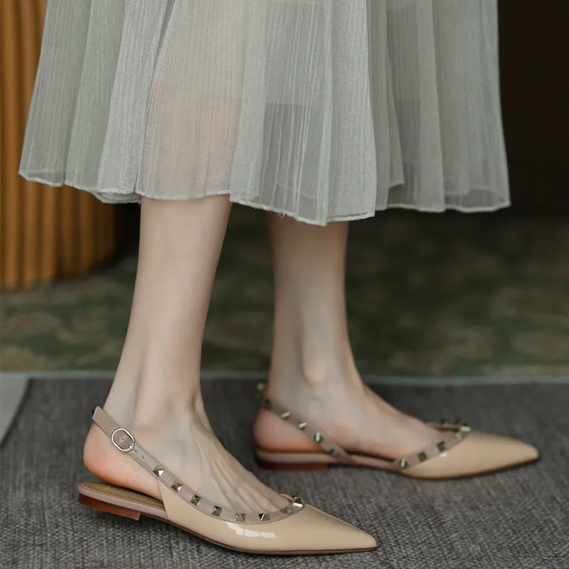 Summer Women Sandals luxury women's shoes 2026 New Leather Brand Rivets Shoes Pointed Toe Thin Flat Slippers Solid Casual Outdoo