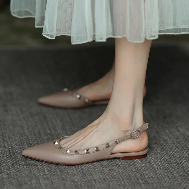 Summer Women Sandals luxury women's shoes 2026 New Leather Brand Rivets Shoes Pointed Toe Thin Flat Slippers Solid Casual Outdoo