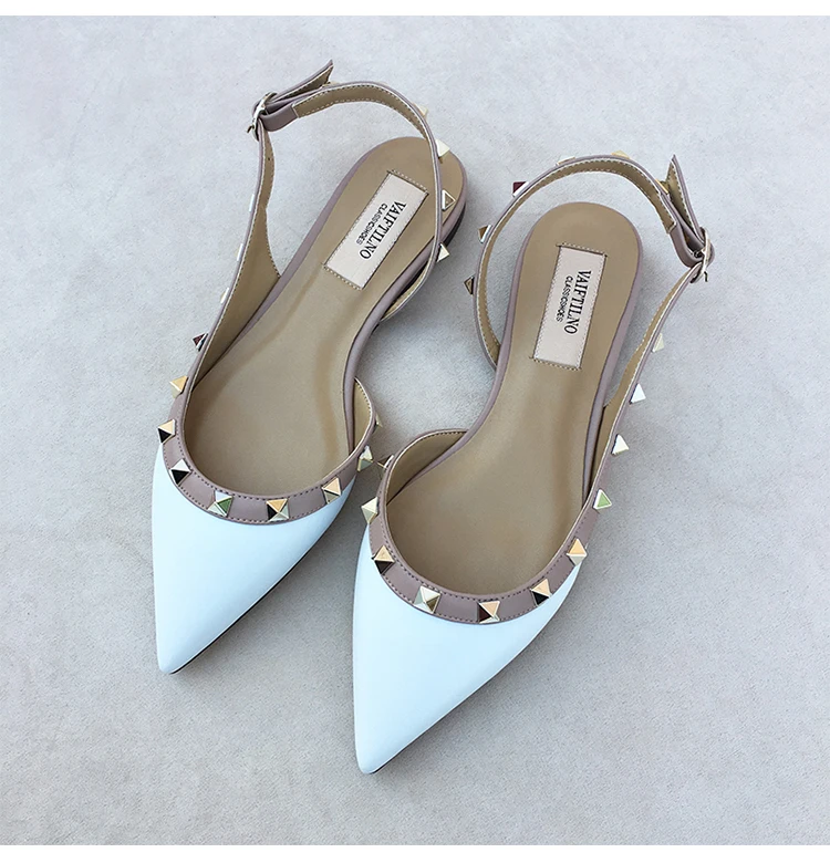 Summer Women Sandals luxury women's shoes 2026 New Leather Brand Rivets Shoes Pointed Toe Thin Flat Slippers Solid Casual Outdoo