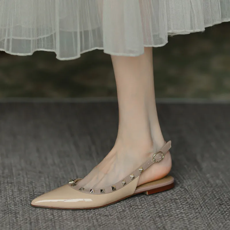 Summer Women Sandals luxury women's shoes 2026 New Leather Brand Rivets Shoes Pointed Toe Thin Flat Slippers Solid Casual Outdoo