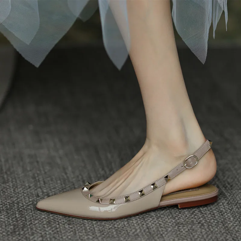 Summer Women Sandals luxury women's shoes 2026 New Leather Brand Rivets Shoes Pointed Toe Thin Flat Slippers Solid Casual Outdoo