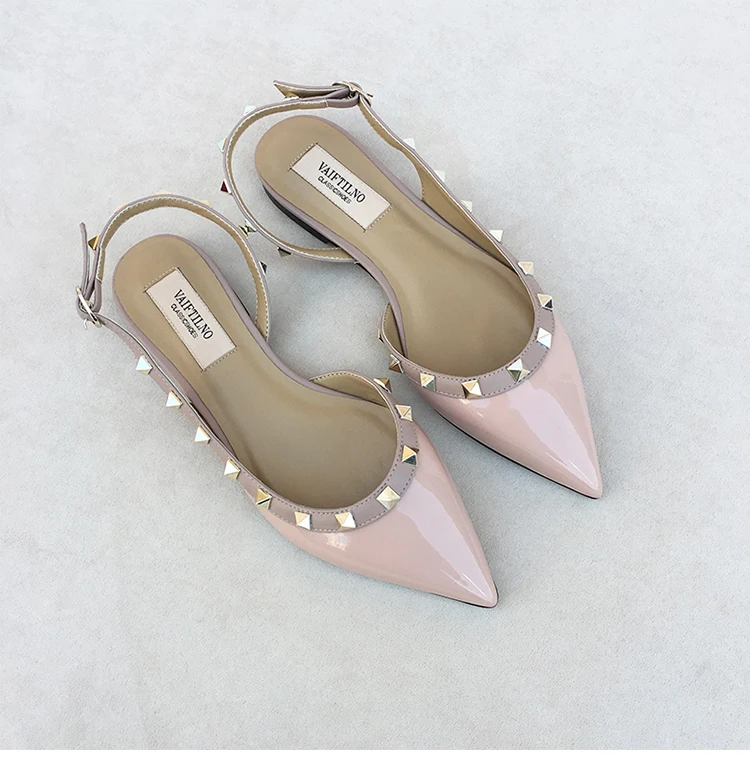 Summer Women Sandals luxury women's shoes 2026 New Leather Brand Rivets Shoes Pointed Toe Thin Flat Slippers Solid Casual Outdoo