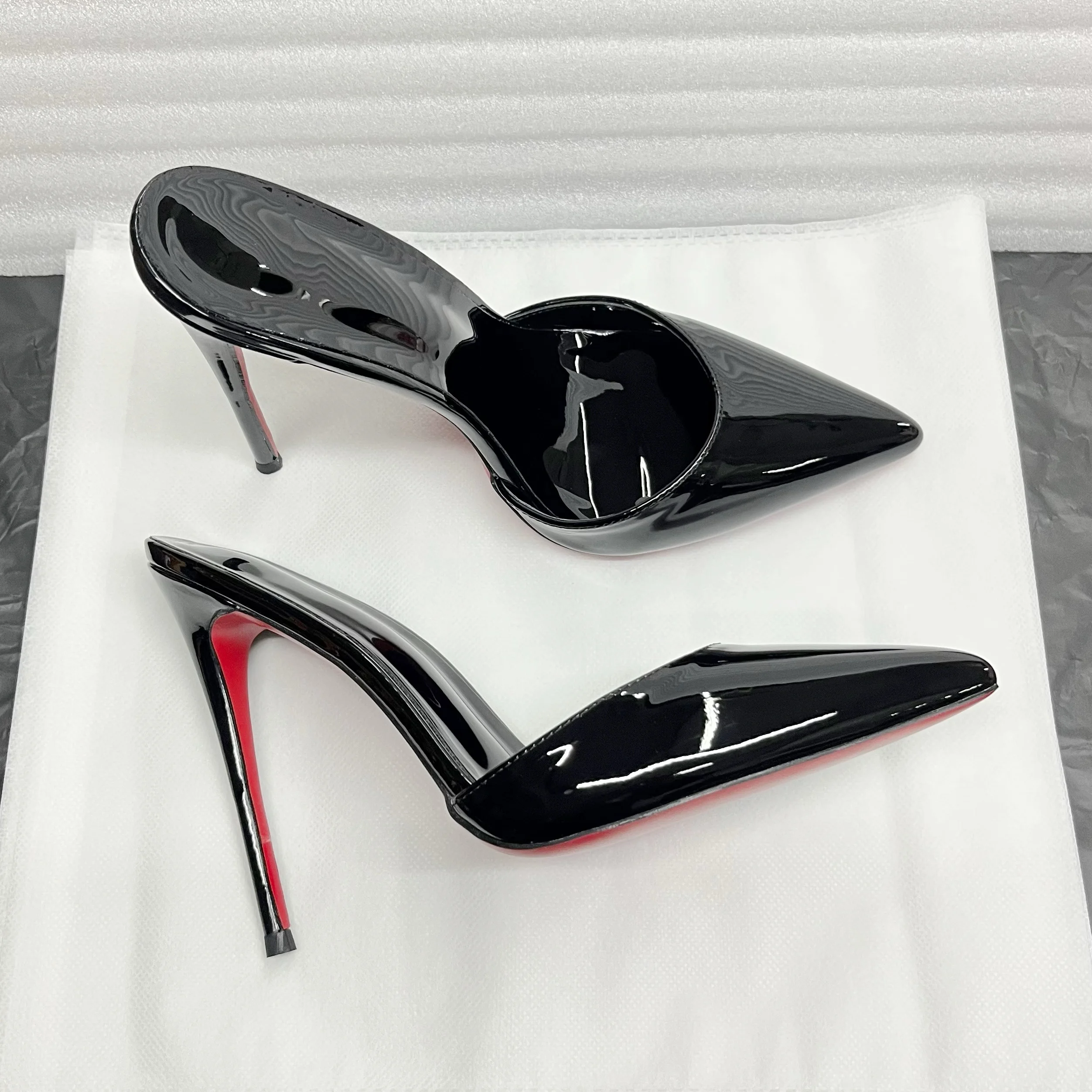 Summer Black Patent Leather High Heels with Pointed Toes Shallow Mouth Thin Heels Slippers Sexy Versatile Plus Size Lazy Shoes
