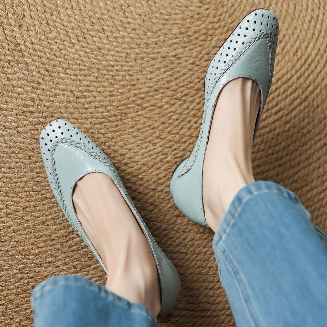 Plus size 34-41 women's hollow-out sheepskin round toe slip-on pumps 3cm thick low heel elegant ladies summer breathable shoes