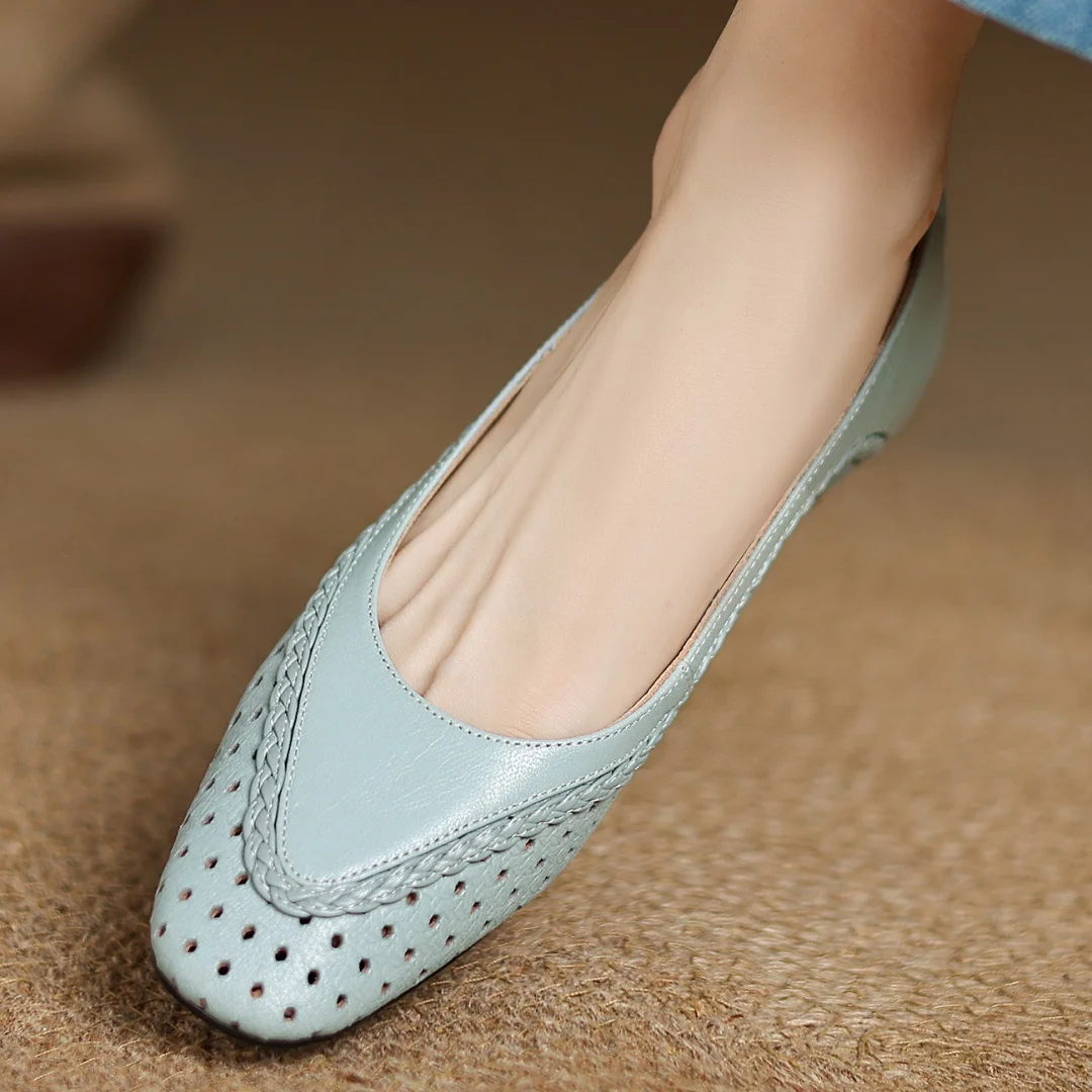 Plus size 34-41 women's hollow-out sheepskin round toe slip-on pumps 3cm thick low heel elegant ladies summer breathable shoes
