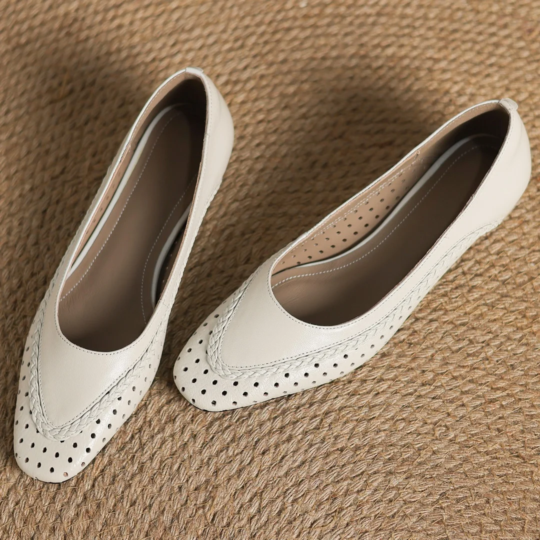 Plus size 34-41 women's hollow-out sheepskin round toe slip-on pumps 3cm thick low heel elegant ladies summer breathable shoes