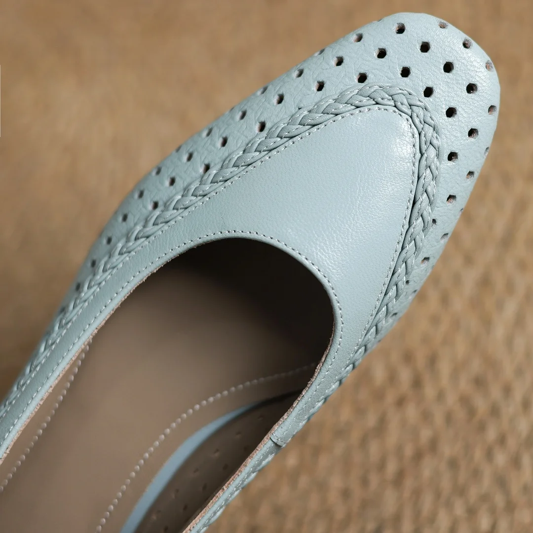 Plus size 34-41 women's hollow-out sheepskin round toe slip-on pumps 3cm thick low heel elegant ladies summer breathable shoes