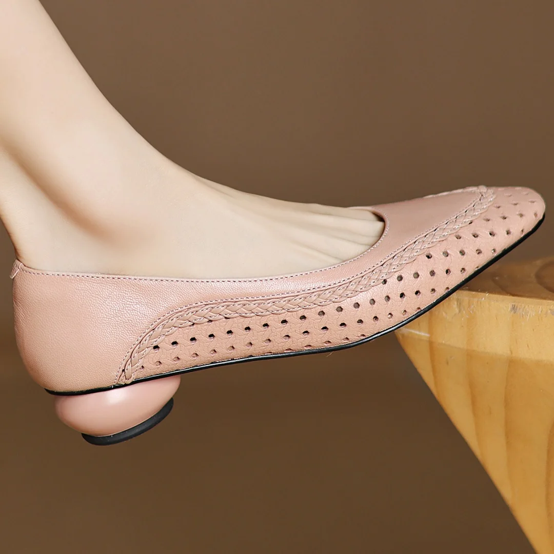Plus size 34-41 women's hollow-out sheepskin round toe slip-on pumps 3cm thick low heel elegant ladies summer breathable shoes