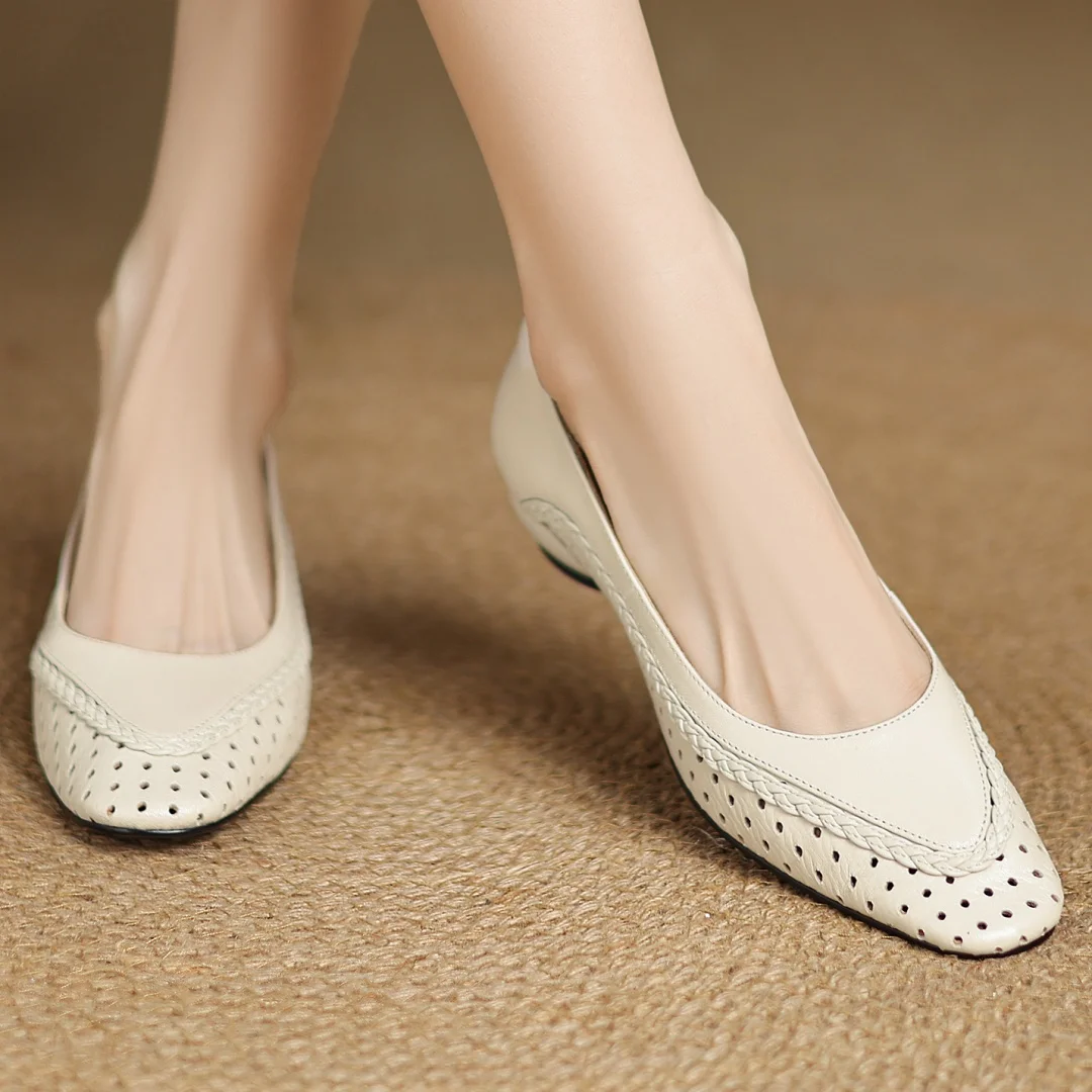 Plus size 34-41 women's hollow-out sheepskin round toe slip-on pumps 3cm thick low heel elegant ladies summer breathable shoes
