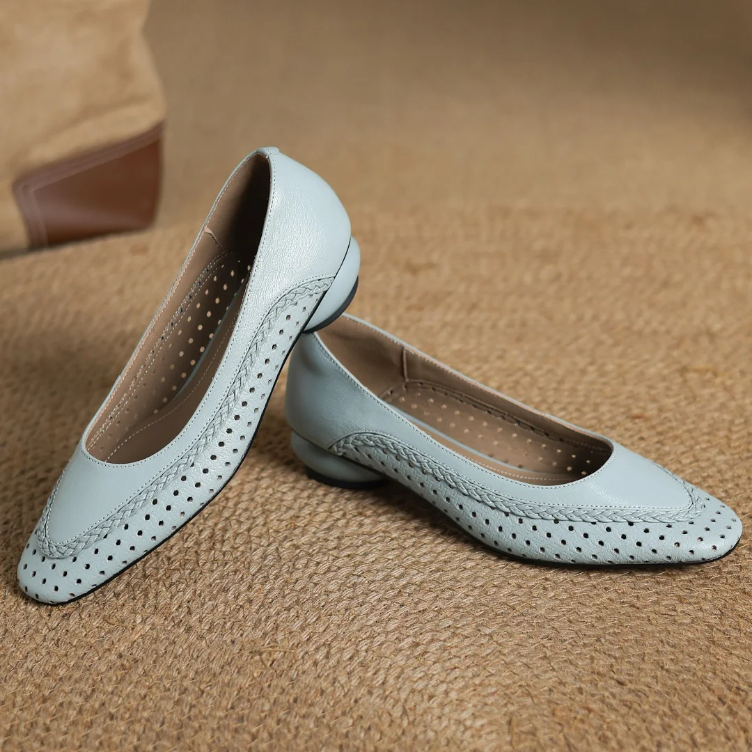 Plus size 34-41 women's hollow-out sheepskin round toe slip-on pumps 3cm thick low heel elegant ladies summer breathable shoes