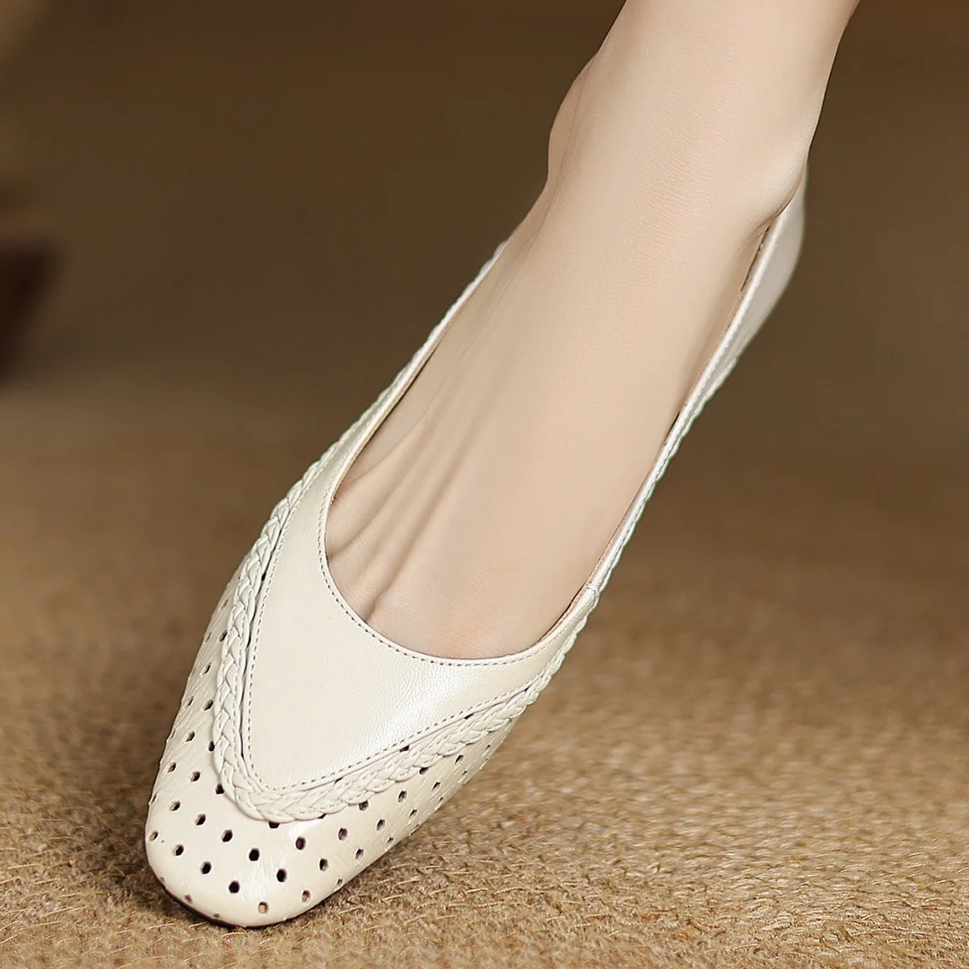 Plus size 34-41 women's hollow-out sheepskin round toe slip-on pumps 3cm thick low heel elegant ladies summer breathable shoes