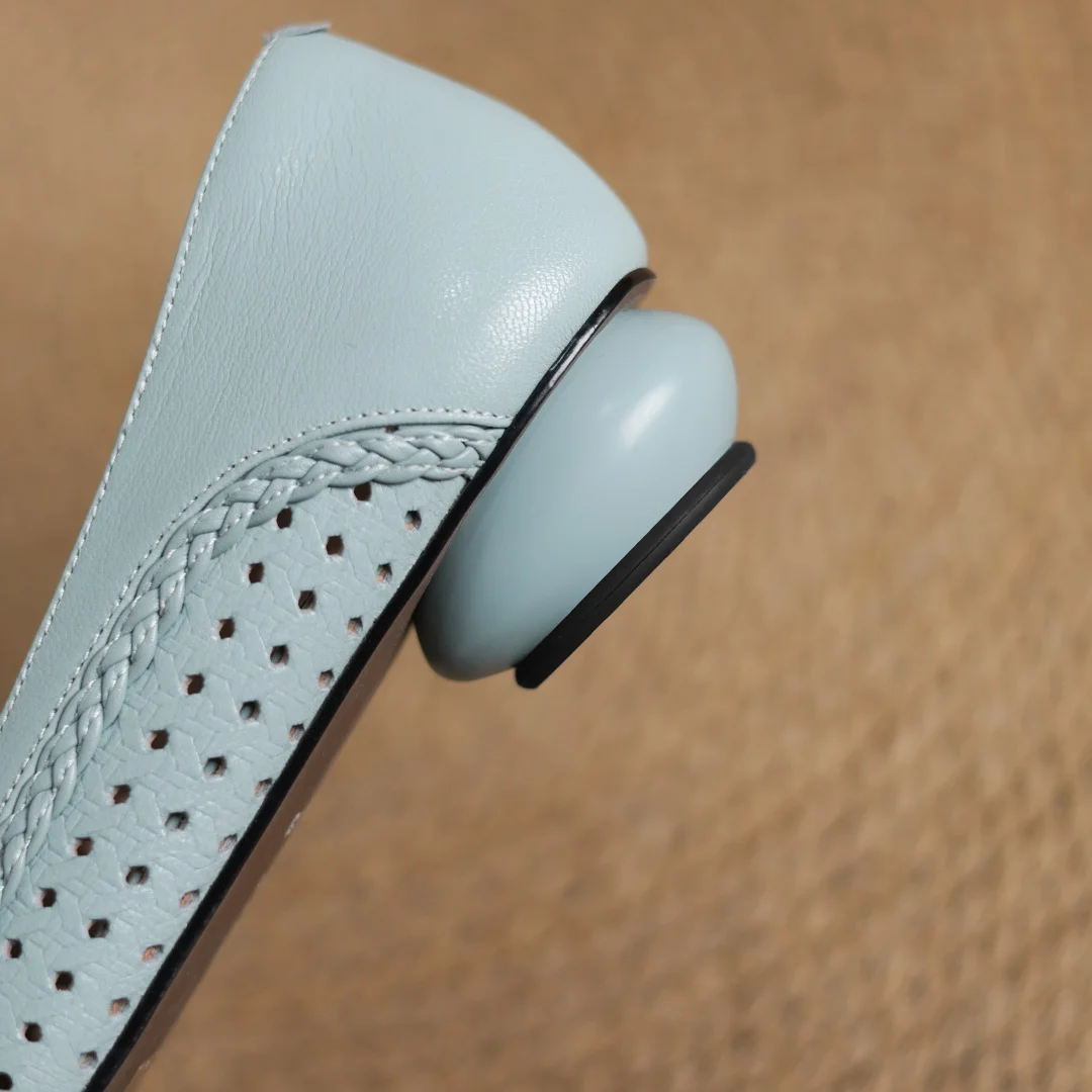Plus size 34-41 women's hollow-out sheepskin round toe slip-on pumps 3cm thick low heel elegant ladies summer breathable shoes