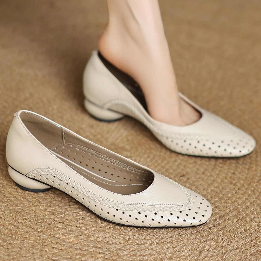Plus size 34-41 women's hollow-out sheepskin round toe slip-on pumps 3cm thick low heel elegant ladies summer breathable shoes