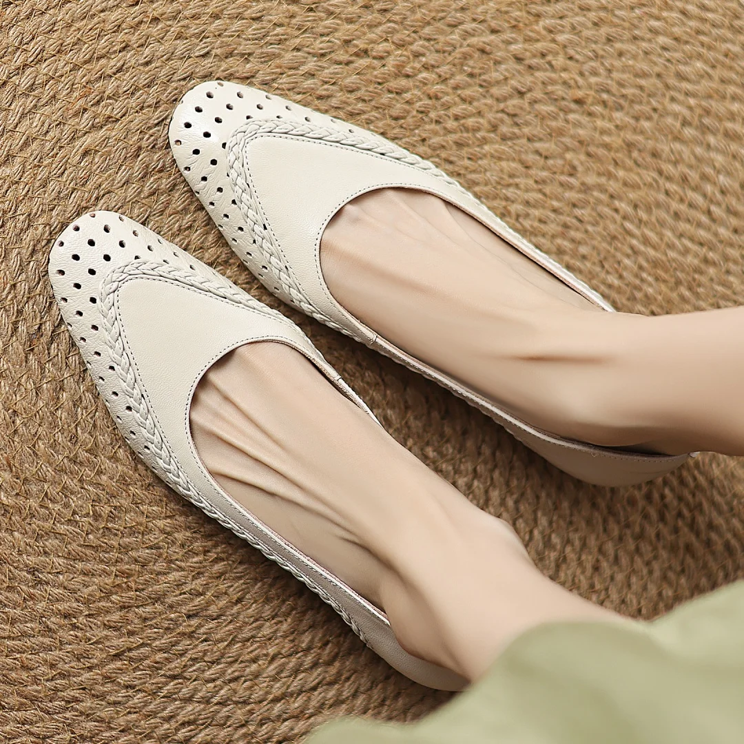 Plus size 34-41 women's hollow-out sheepskin round toe slip-on pumps 3cm thick low heel elegant ladies summer breathable shoes