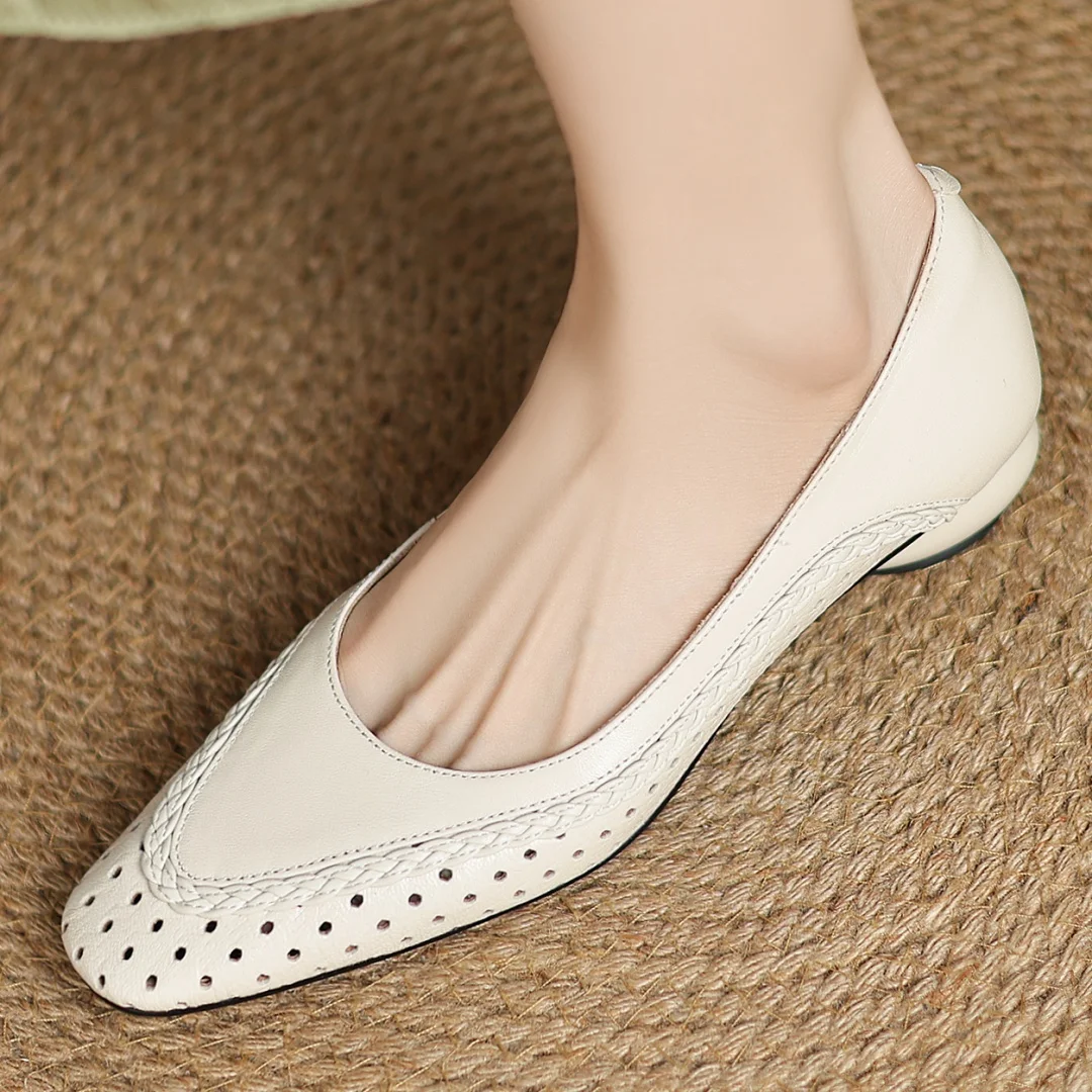 Plus size 34-41 women's hollow-out sheepskin round toe slip-on pumps 3cm thick low heel elegant ladies summer breathable shoes