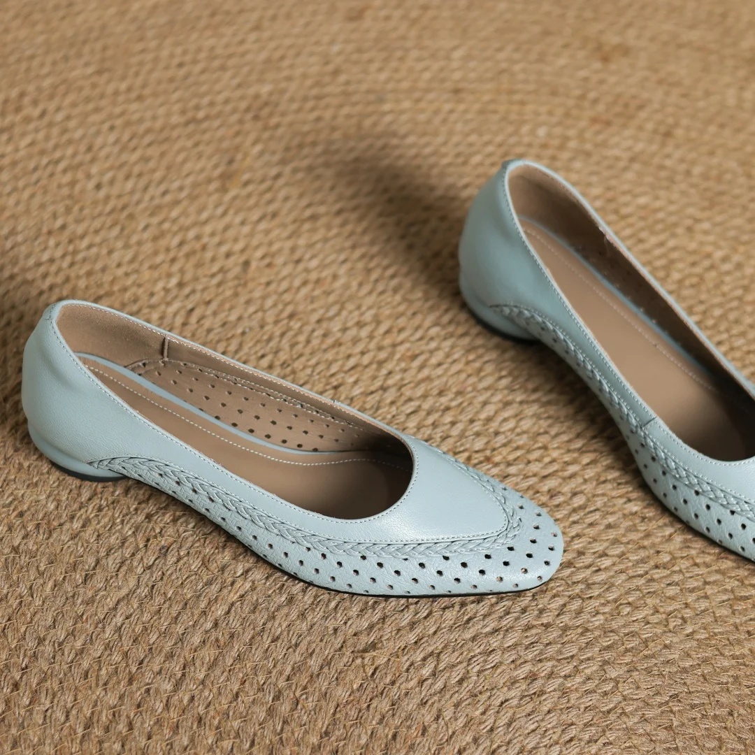 Plus size 34-41 women's hollow-out sheepskin round toe slip-on pumps 3cm thick low heel elegant ladies summer breathable shoes