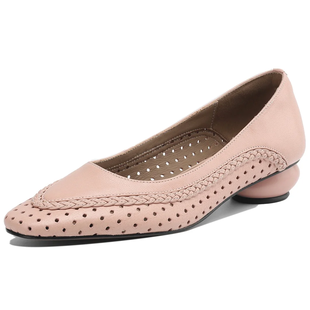 Plus size 34-41 women's hollow-out sheepskin round toe slip-on pumps 3cm thick low heel elegant ladies summer breathable shoes