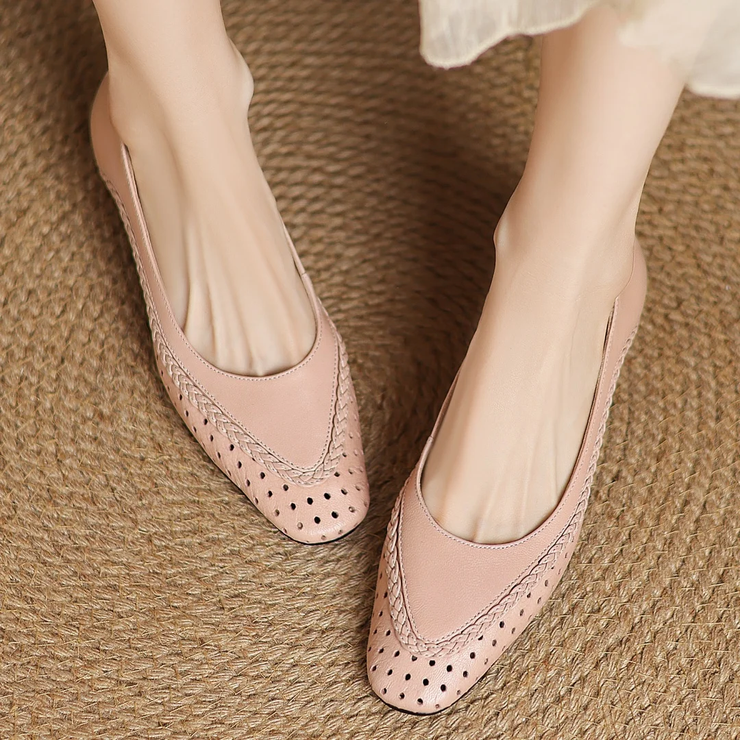 Plus size 34-41 women's hollow-out sheepskin round toe slip-on pumps 3cm thick low heel elegant ladies summer breathable shoes
