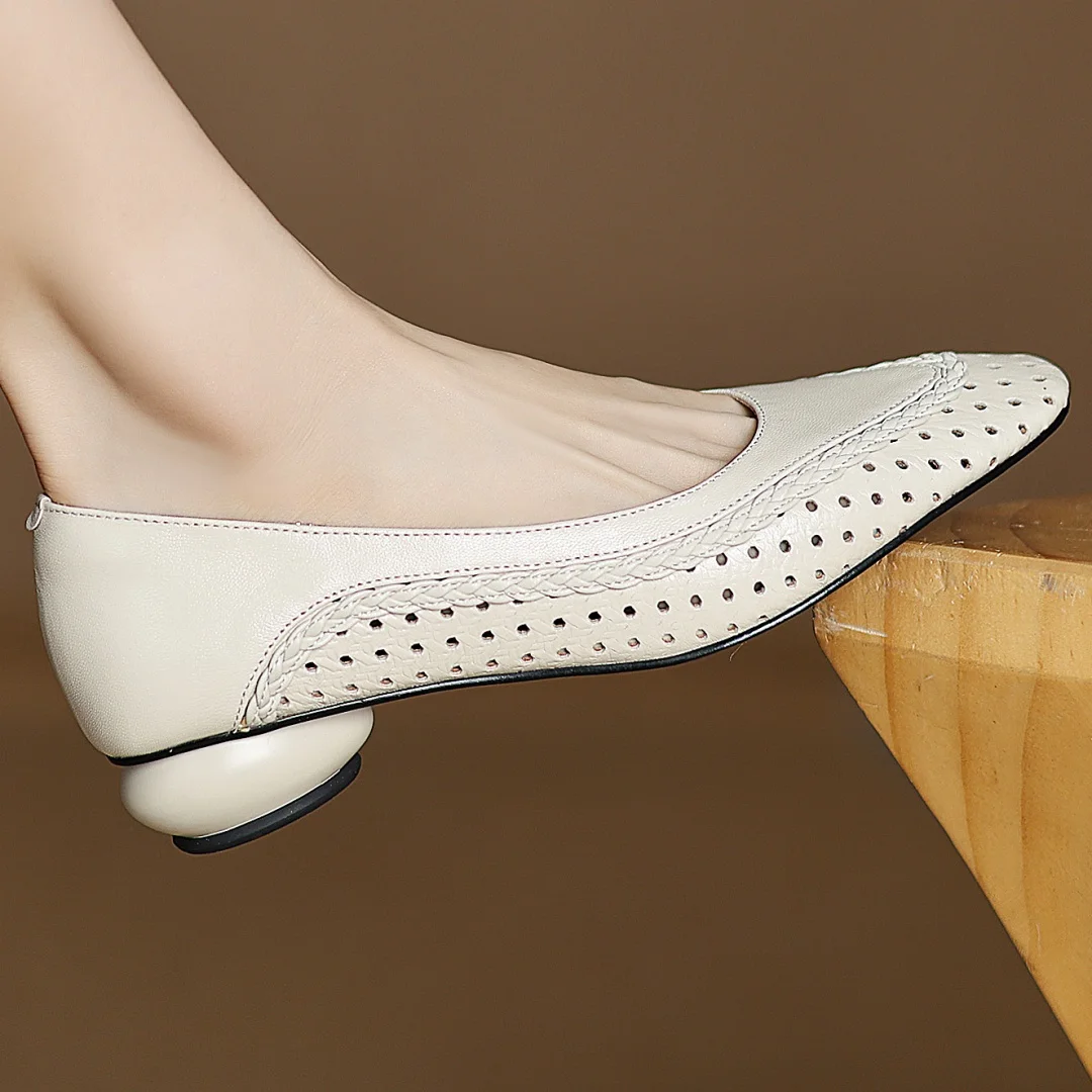 Plus size 34-41 women's hollow-out sheepskin round toe slip-on pumps 3cm thick low heel elegant ladies summer breathable shoes