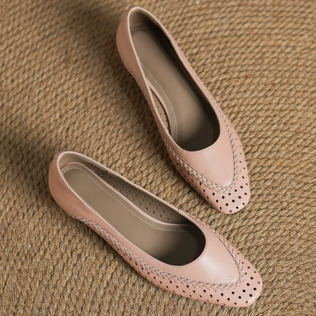 Plus size 34-41 women's hollow-out sheepskin round toe slip-on pumps 3cm thick low heel elegant ladies summer breathable shoes