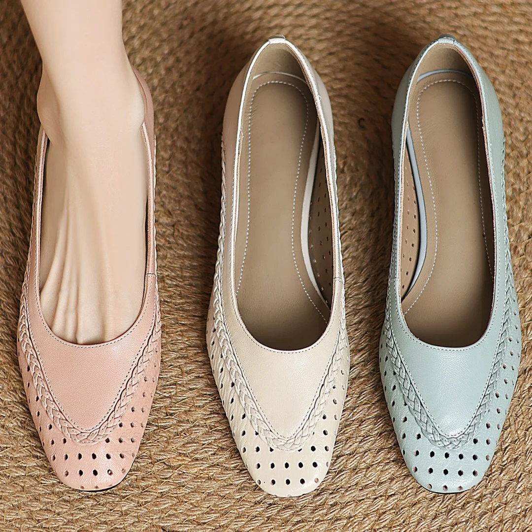 Plus size 34-41 women's hollow-out sheepskin round toe slip-on pumps 3cm thick low heel elegant ladies summer breathable shoes