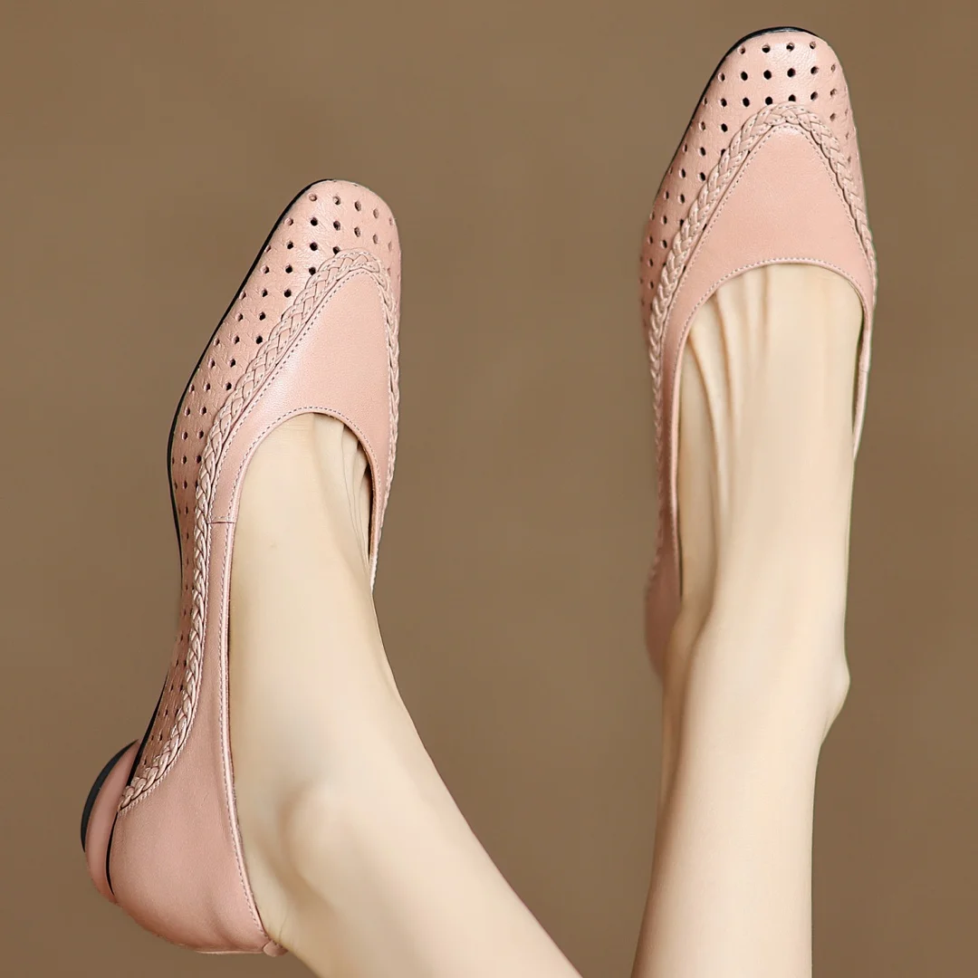 Plus size 34-41 women's hollow-out sheepskin round toe slip-on pumps 3cm thick low heel elegant ladies summer breathable shoes