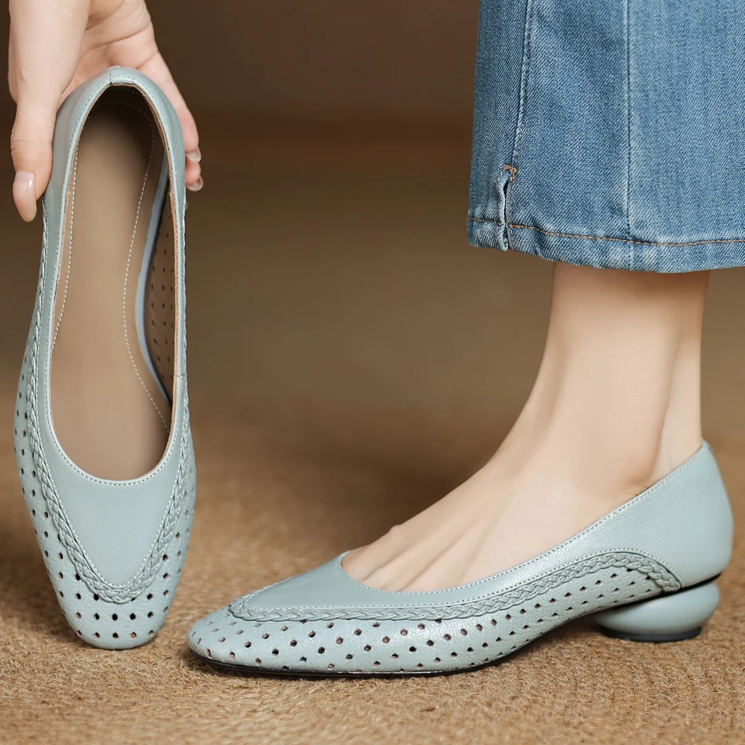 Plus size 34-41 women's hollow-out sheepskin round toe slip-on pumps 3cm thick low heel elegant ladies summer breathable shoes
