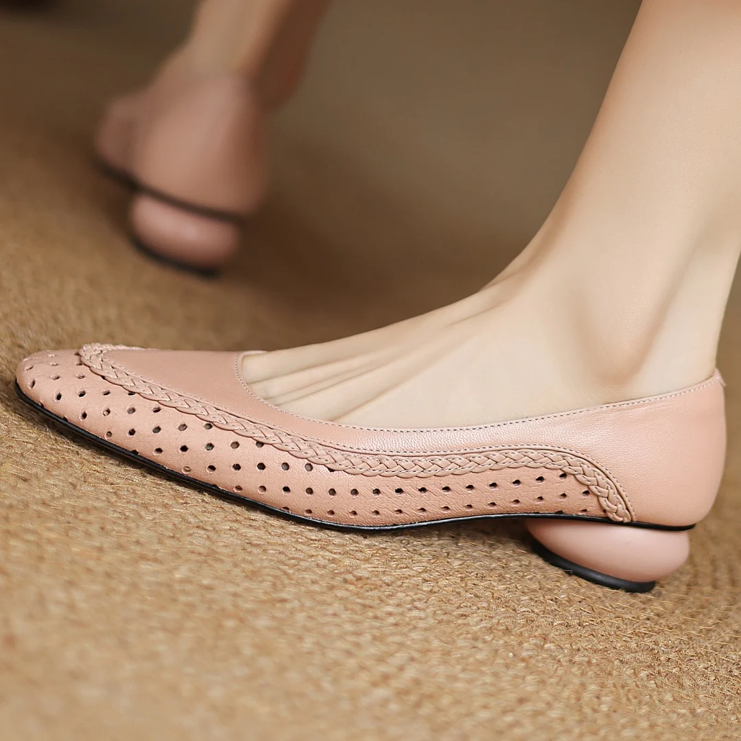Plus size 34-41 women's hollow-out sheepskin round toe slip-on pumps 3cm thick low heel elegant ladies summer breathable shoes