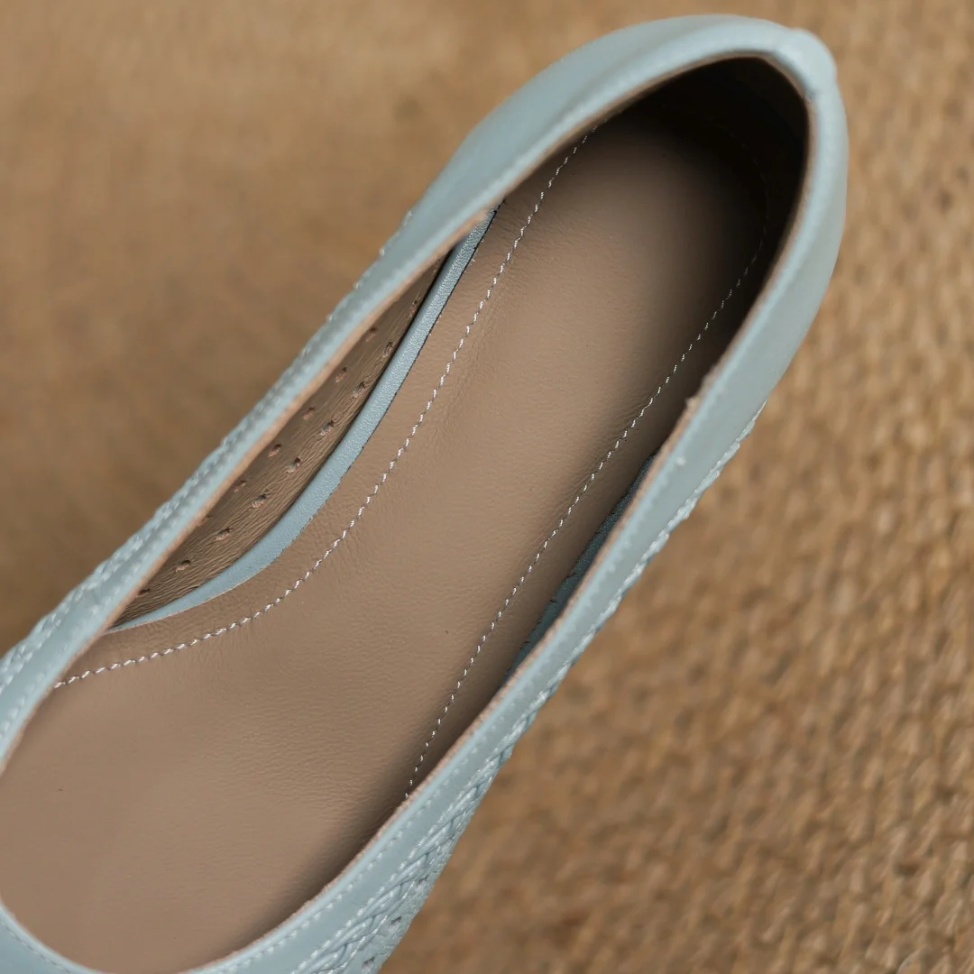 Plus size 34-41 women's hollow-out sheepskin round toe slip-on pumps 3cm thick low heel elegant ladies summer breathable shoes
