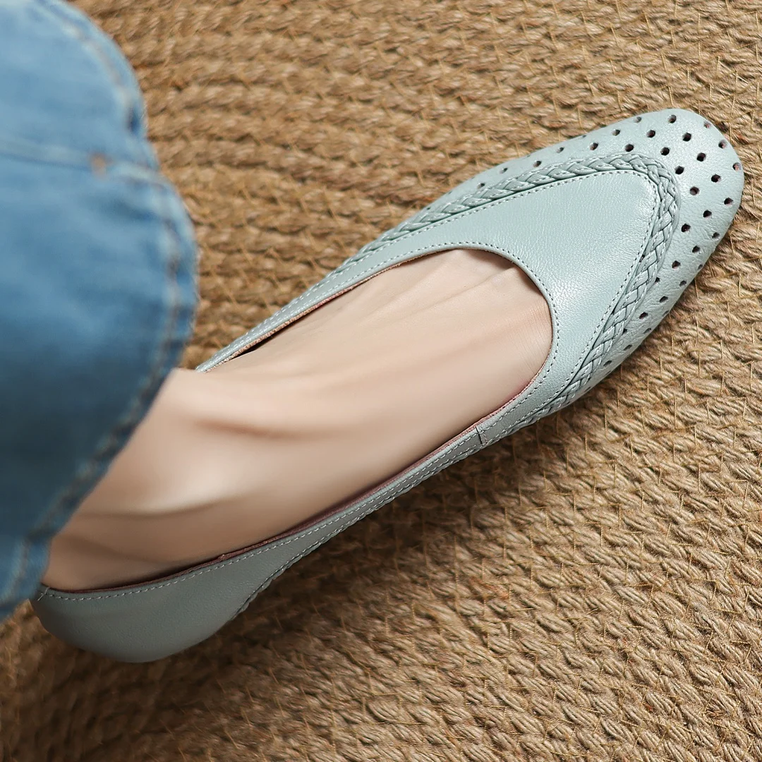 Plus size 34-41 women's hollow-out sheepskin round toe slip-on pumps 3cm thick low heel elegant ladies summer breathable shoes