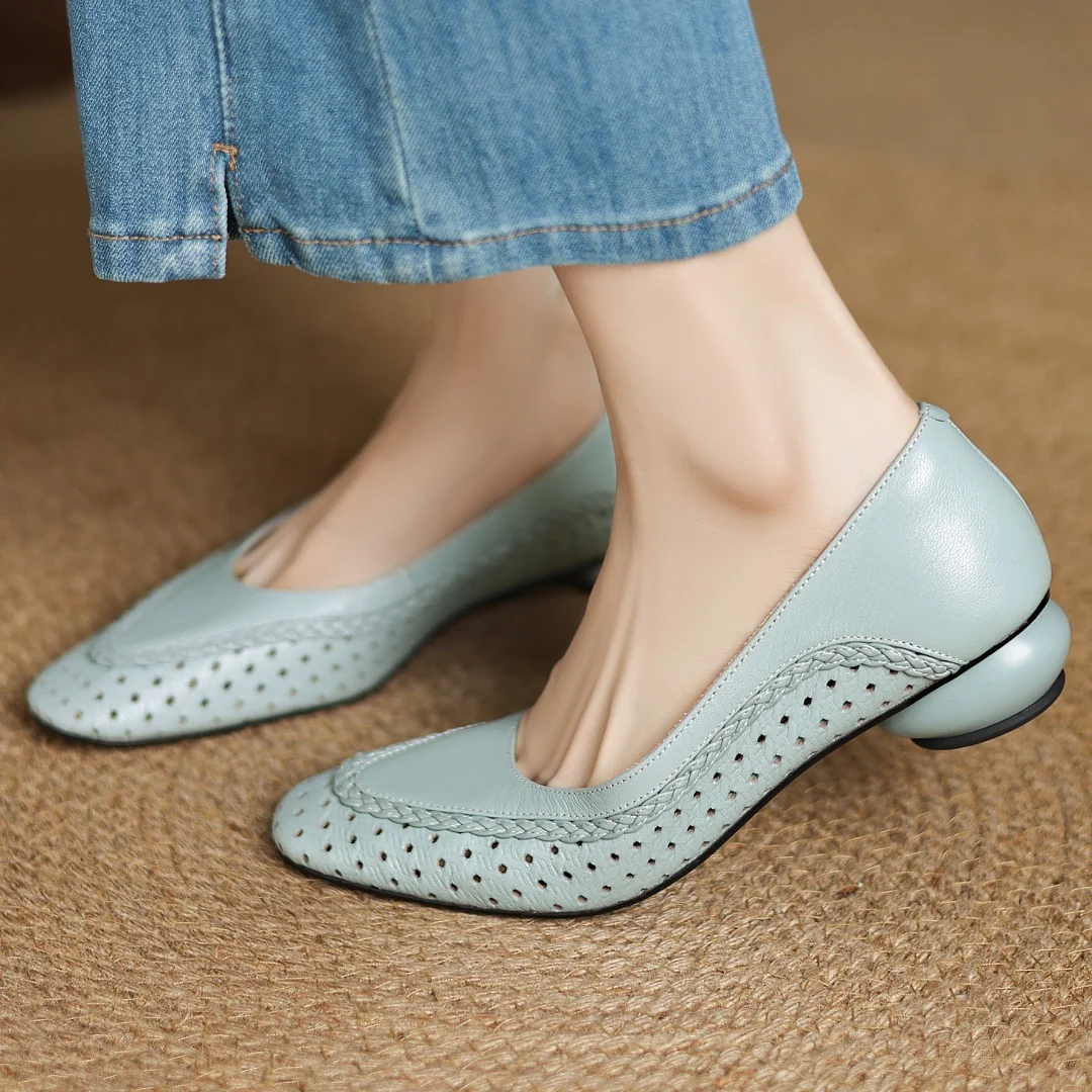 Plus size 34-41 women's hollow-out sheepskin round toe slip-on pumps 3cm thick low heel elegant ladies summer breathable shoes
