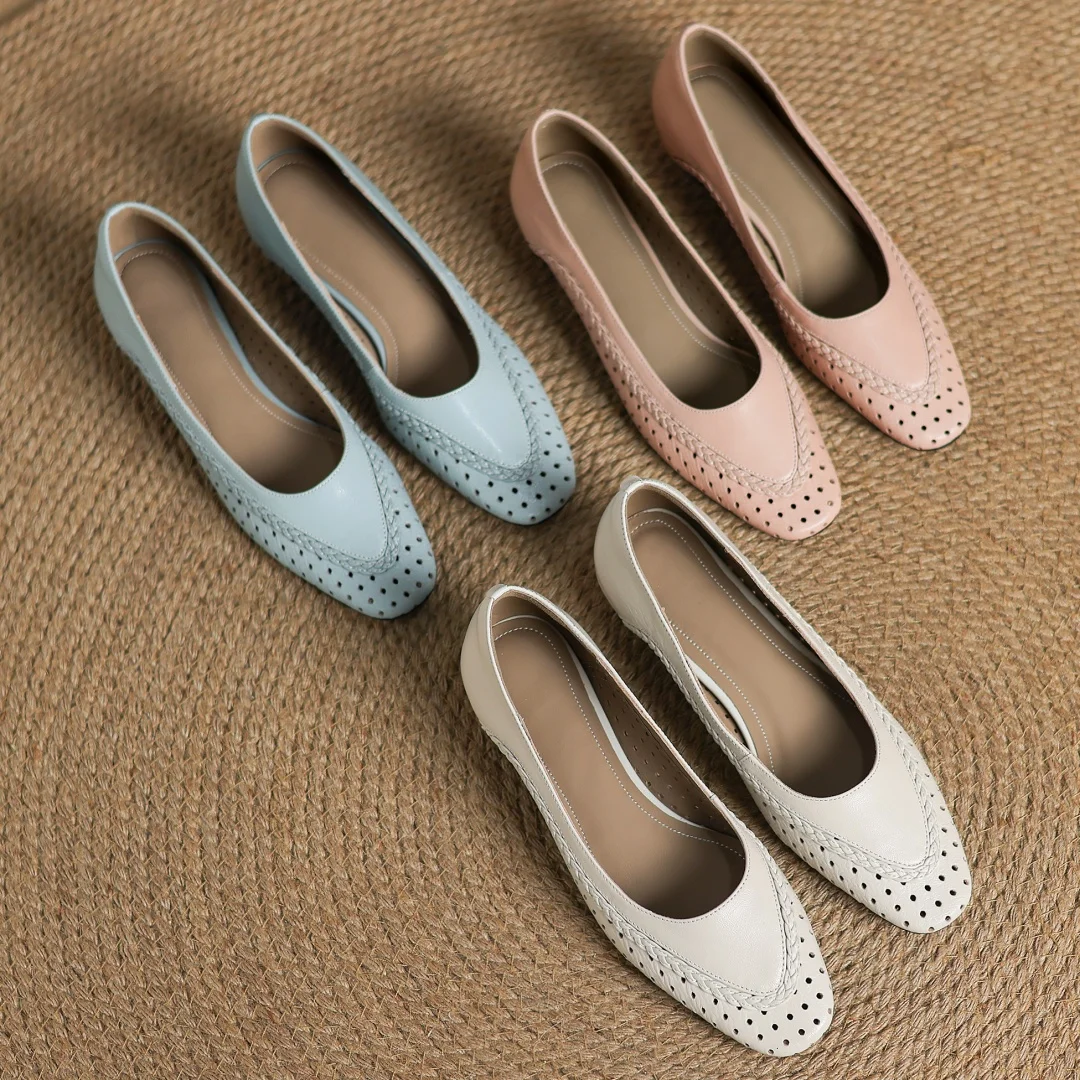 Plus size 34-41 women's hollow-out sheepskin round toe slip-on pumps 3cm thick low heel elegant ladies summer breathable shoes
