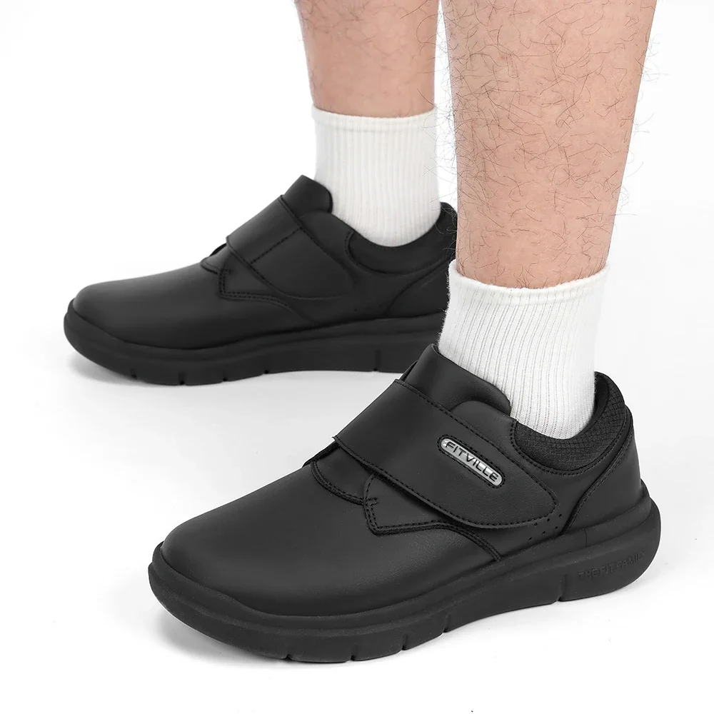 Fitville Extra Wide Men'S Shoes Leather Diabetic Walking Shoes For Elder Orthopedic Toes Swollen Feet Non-Slip With Arch Support