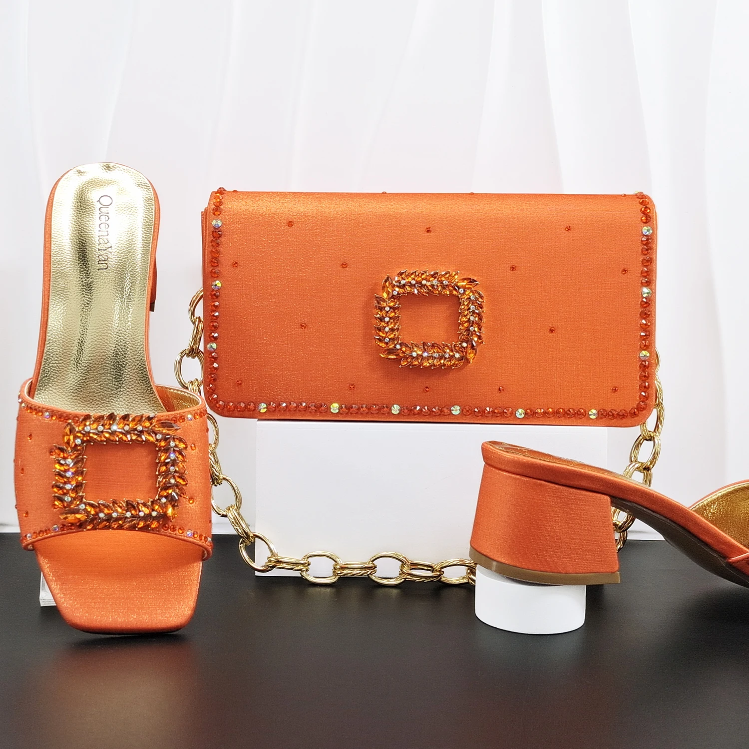 Elegant Itlian Desing Women's Heel Party Shoe and Bag Set Chic Orange Rhinestone Peep-Toe High Heel Sandals Perfect for Weddings