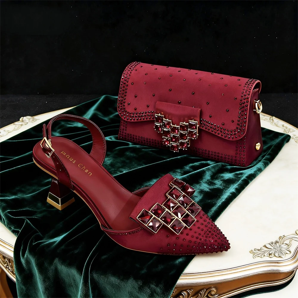 Venus Chan 2026 INS Italy Elegant Rhinestone Pointed Toe High Heels & Matching Bag Set - Perfect for Women's Parties & Weddings
