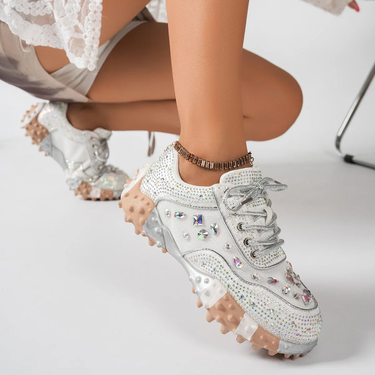 Women's Designer Sneakers Spring Shiny Rhinestones Women's Luxury Shoes Fashion Platform Shoes Female Anti Slip Running Shoes