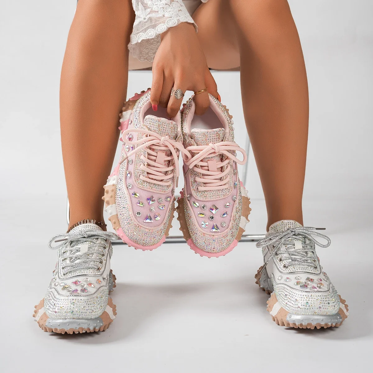 Women's Designer Sneakers Spring Shiny Rhinestones Women's Luxury Shoes Fashion Platform Shoes Female Anti Slip Running Shoes