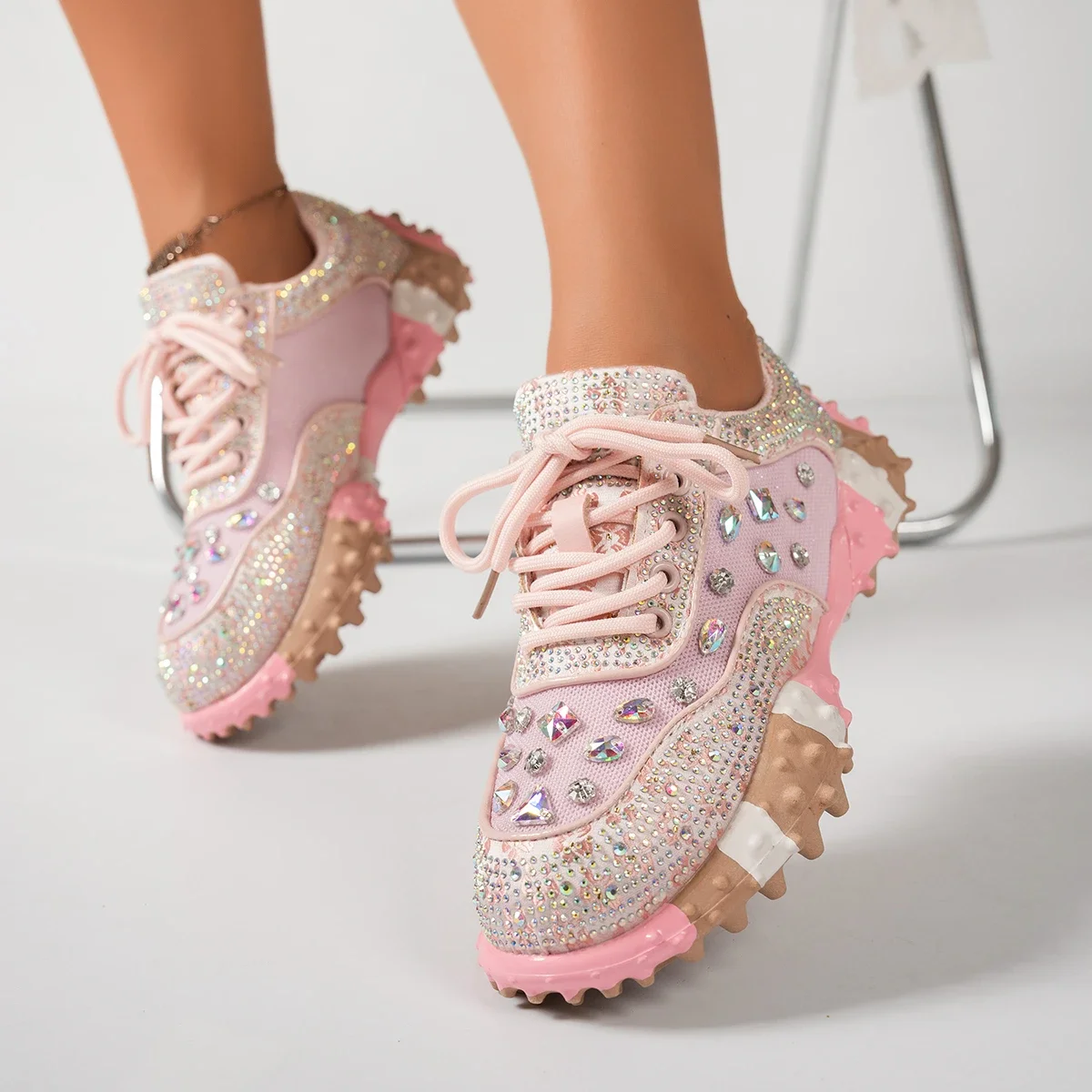 Women's Designer Sneakers Spring Shiny Rhinestones Women's Luxury Shoes Fashion Platform Shoes Female Anti Slip Running Shoes