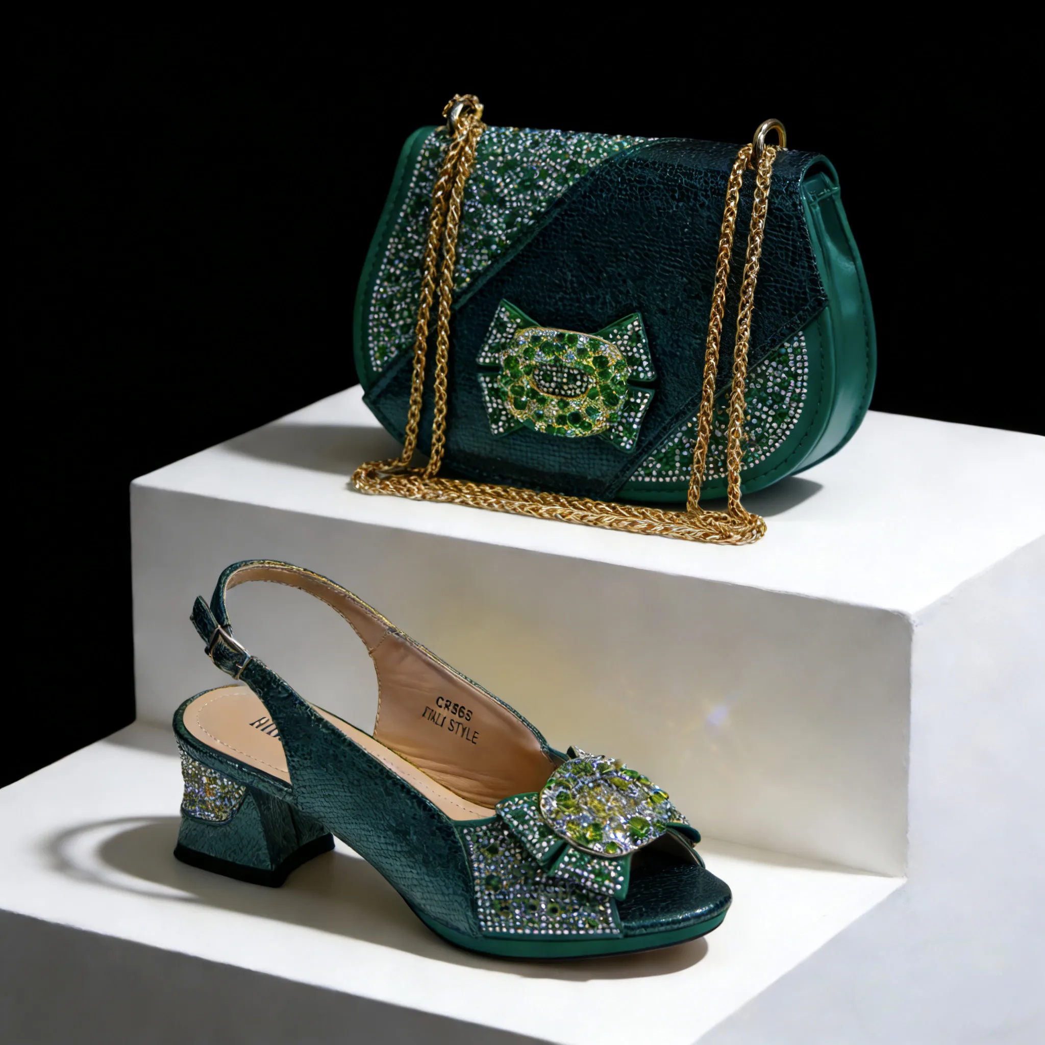 2026 Elegant Gold High Heel Shoe and Rhinestone-Accented Matching Bag Set - Stylish Peep Toe Design Perfect for Parties