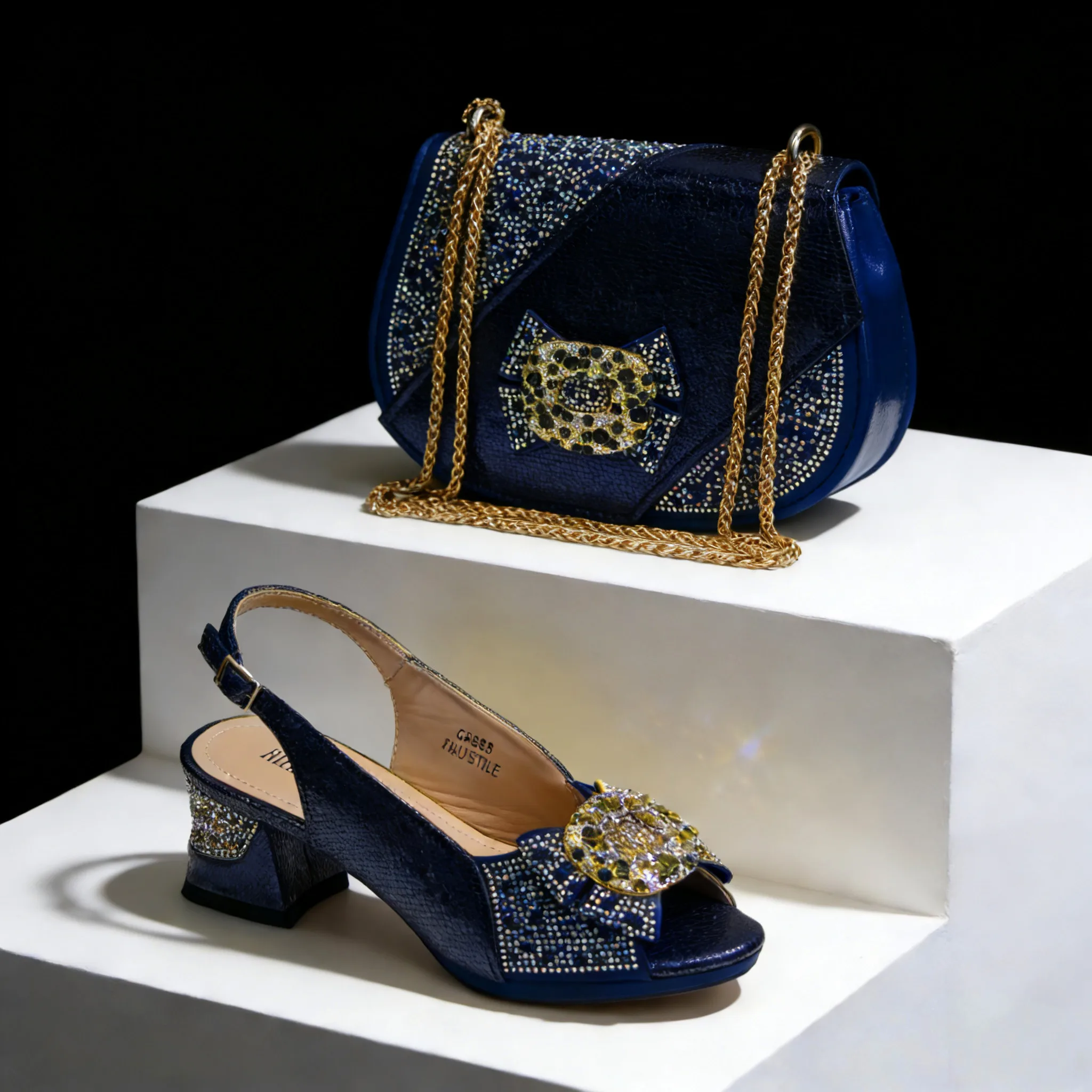 2026 Elegant Gold High Heel Shoe and Rhinestone-Accented Matching Bag Set - Stylish Peep Toe Design Perfect for Parties