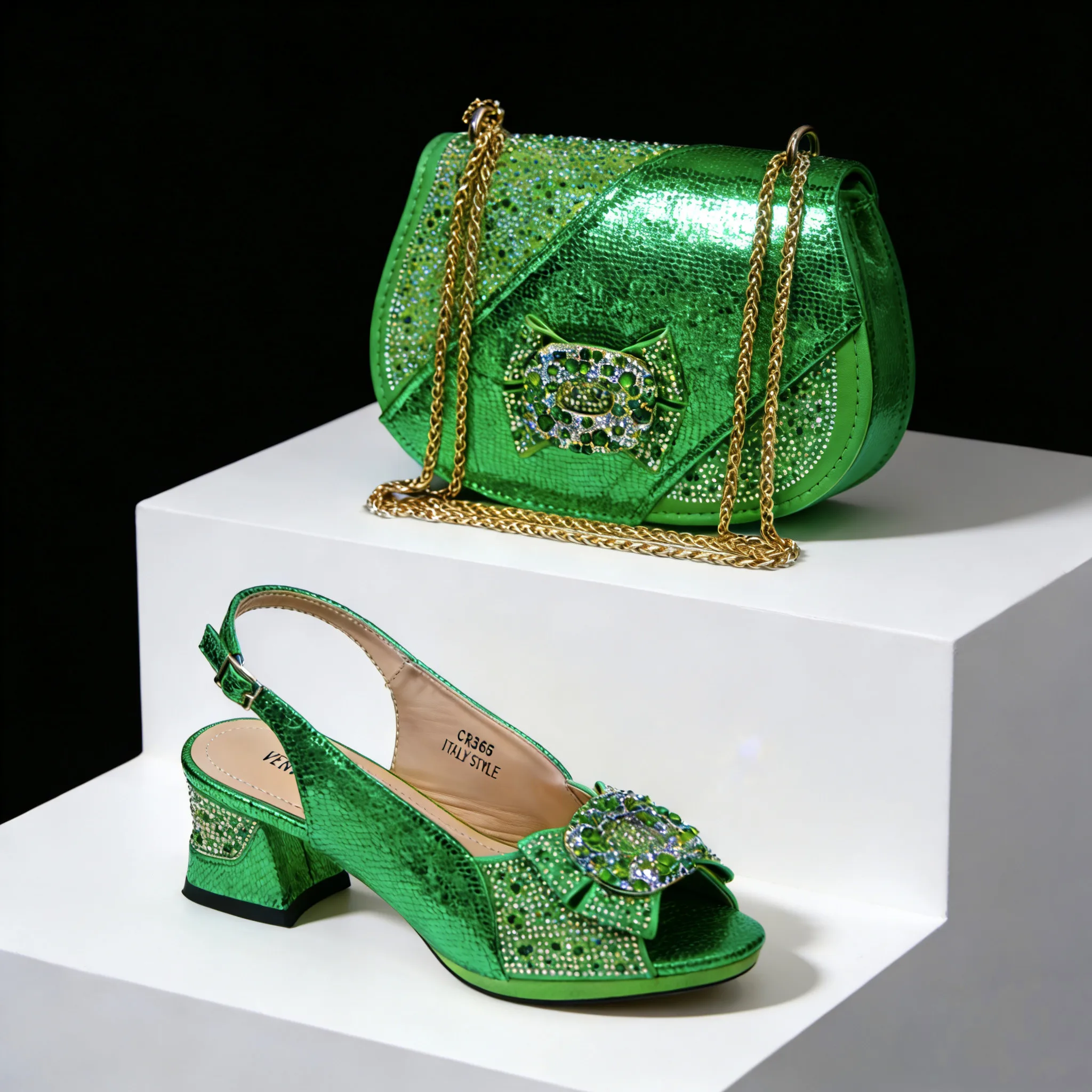 2026 Elegant Gold High Heel Shoe and Rhinestone-Accented Matching Bag Set - Stylish Peep Toe Design Perfect for Parties