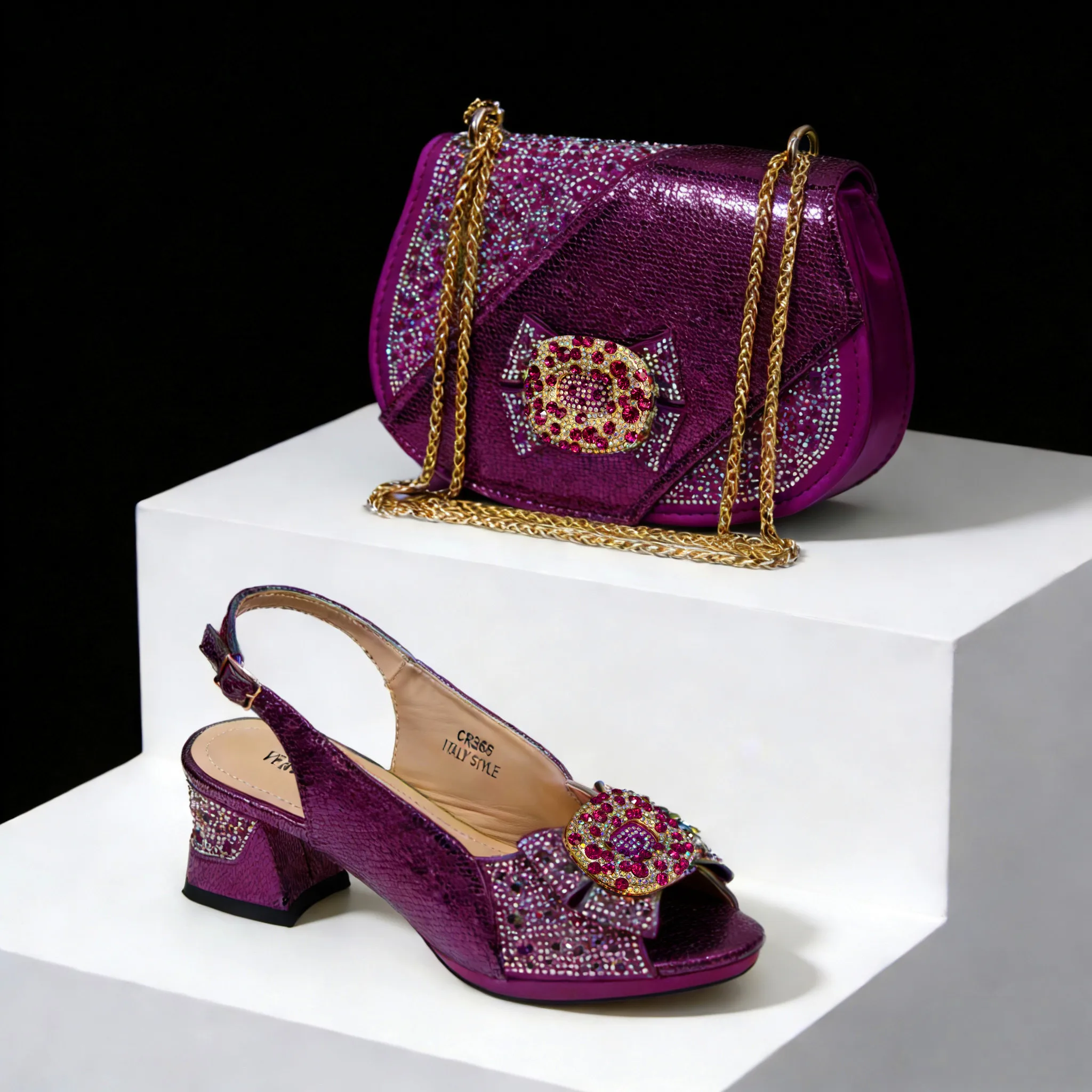 2026 Elegant Gold High Heel Shoe and Rhinestone-Accented Matching Bag Set - Stylish Peep Toe Design Perfect for Parties