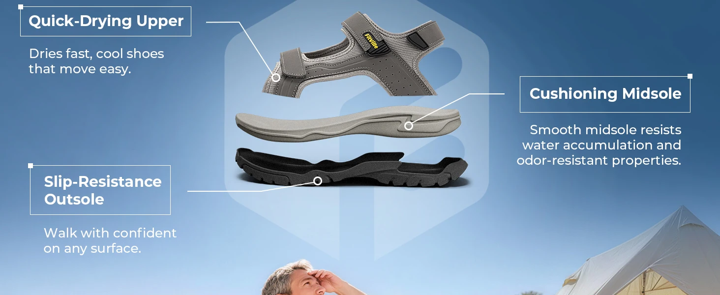 FitVille Mens Athletic Sandal Wide Toe Box Walking Sandals For Men With Arch Support Cushion Slip-Resistant Beach Sandals