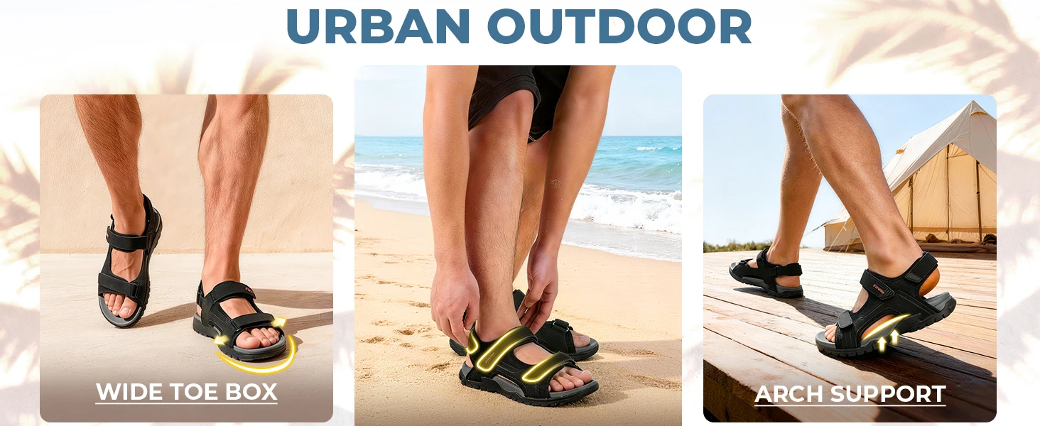 FitVille Mens Athletic Sandal Wide Toe Box Walking Sandals For Men With Arch Support Cushion Slip-Resistant Beach Sandals